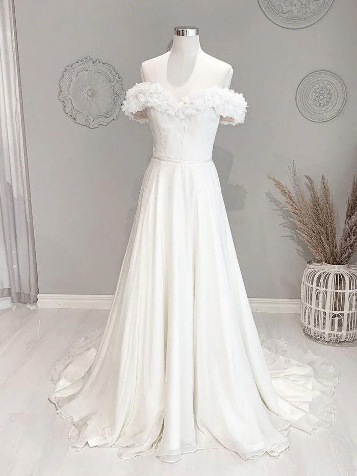Buyishang White Off Shoulder Flowers Long Beach Wedding Dress