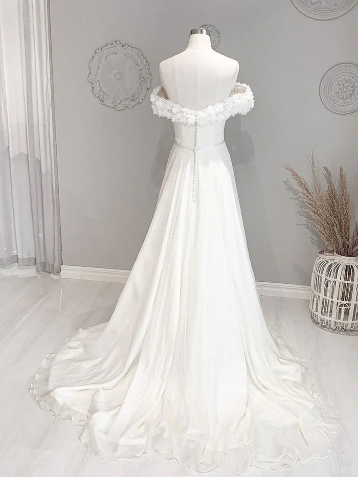 Buyishang White Off Shoulder Flowers Long Beach Wedding Dress