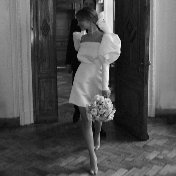 Buyishang White Satin Short Wedding Dress with Puff Sleeves