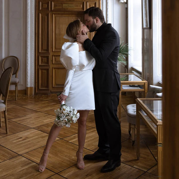 Buyishang White Satin Short Wedding Dress with Puff Sleeves