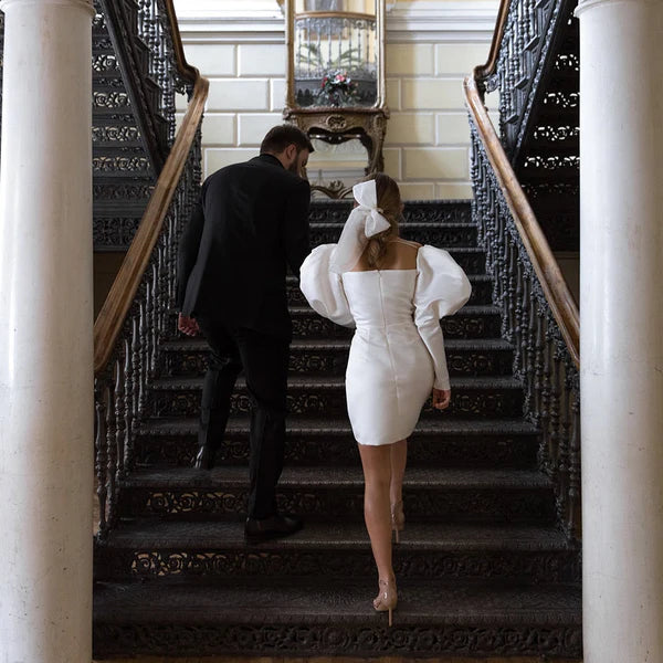 Buyishang White Satin Short Wedding Dress with Puff Sleeves