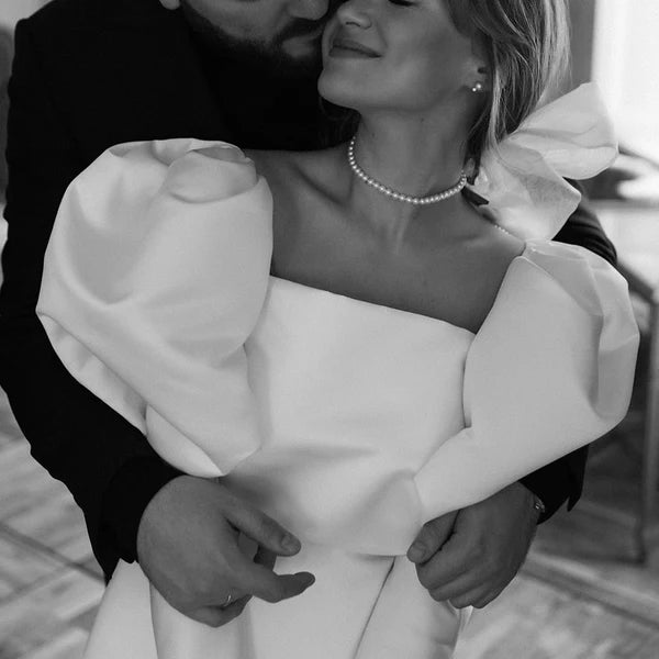 Buyishang White Satin Short Wedding Dress with Puff Sleeves