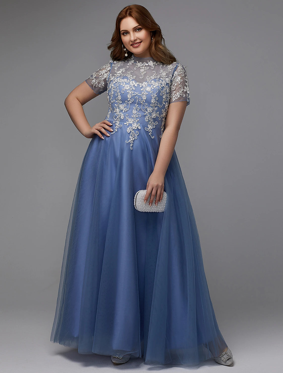 A-Line Plus Size Dress Wedding Guest Prom Floor Length Short Sleeve High Neck Lace Lace-up with Appliques