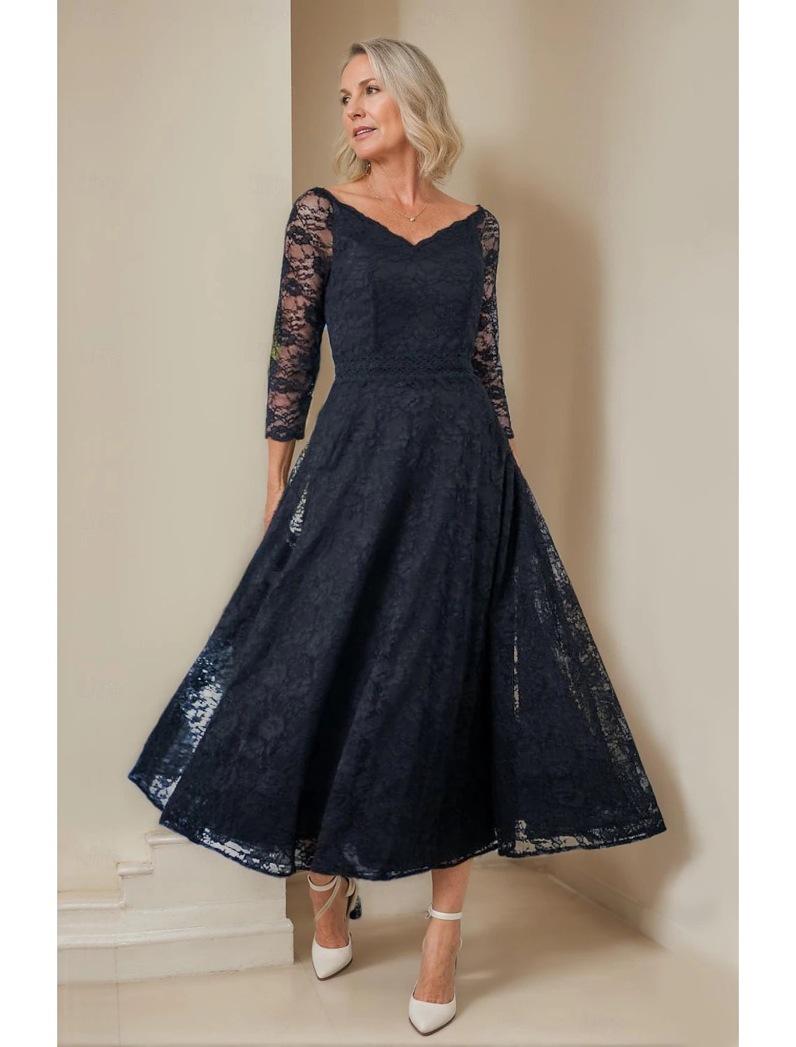 Buyishang A-Line Mother of the Bride Dress Elegant V Neck Tea Length Lace 3/4 Length Sleeve with Lace free custom size