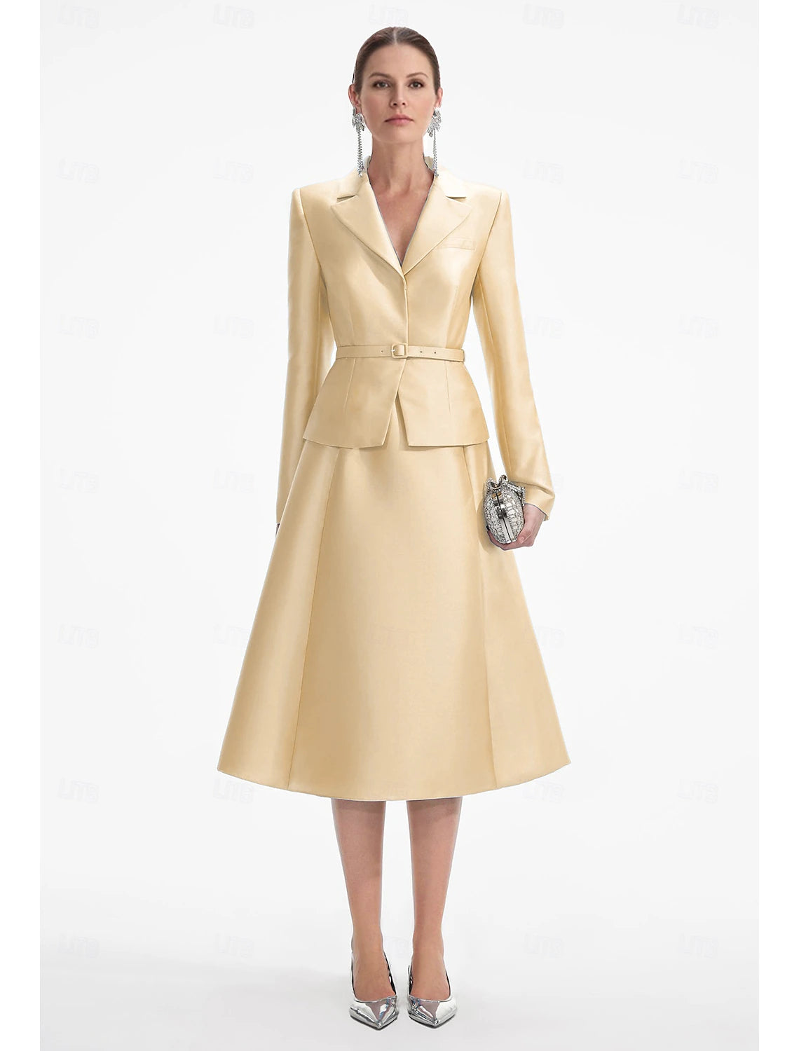 Buyishang A-Line Dress Mother of the Bride Dress Elegant V Neck Tea Length Satin Long Sleeve with Solid Color