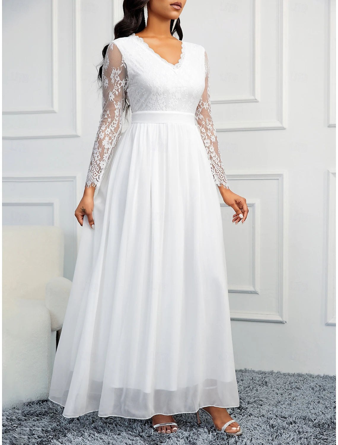 Buyishang Wedding Dresses A-Line V Neck Long Sleeve Floor Length Chiffon Bridal Gowns With Appliques