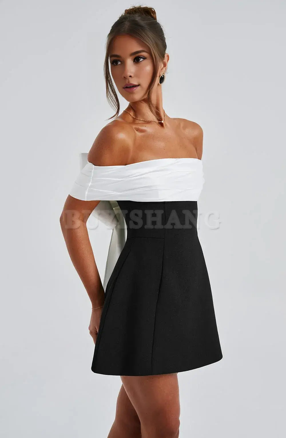 Buyishang womens casual summer dresses Elegant Black Clashing Colour Splicing One Shoulder Short Dresses