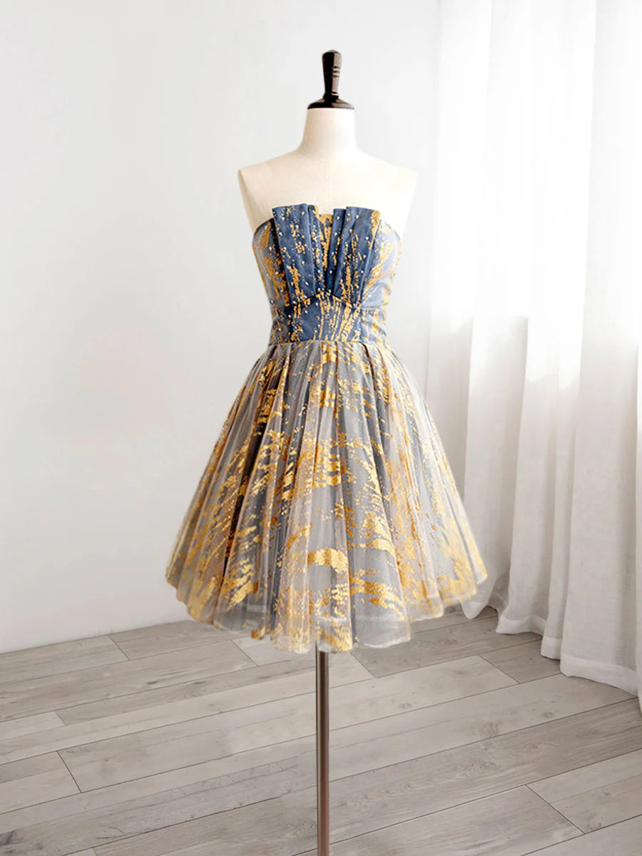 Buyishang A-Line Gold/Blue Lace Short Prom Dress Cute Homecoming Dress with Beading