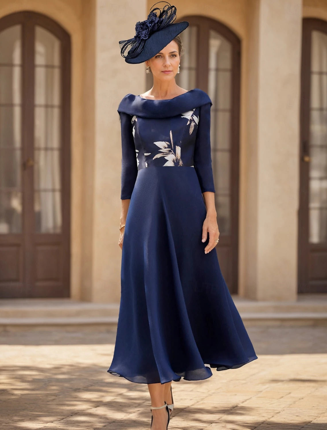 Buyishang A-Line Mother of the Bride Dress Wedding Guest Elegant Vintage Bateau Neck Ankle Length Chiffon 3/4 Length Sleeve with Flower Solid Color free custom size