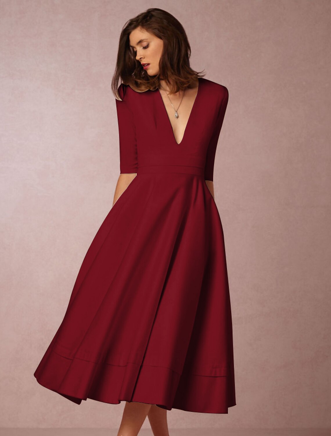 A-Line Special Occasion Dresses Party Dress Holiday Wedding Guest Tea Length Half Sleeve V Neck  Jersey with Pleats