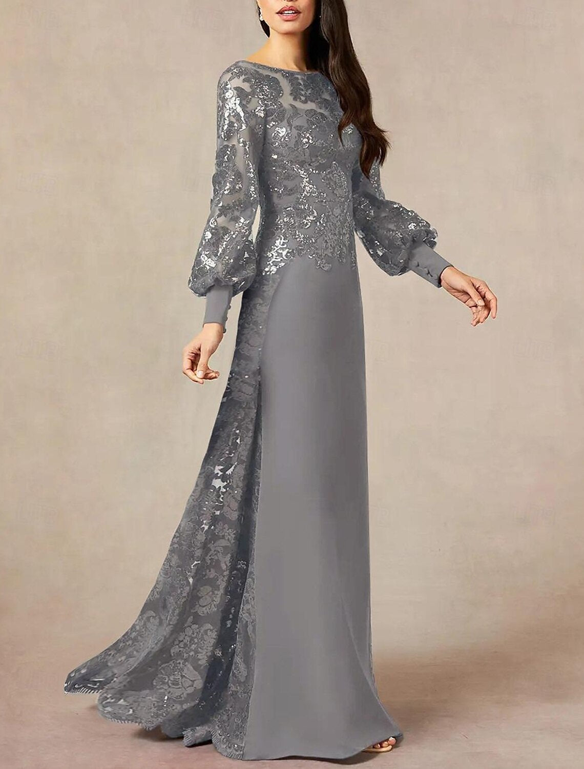 Buyishang A-Line Mother of the Bride Dress Formal Wedding Guest Elegant Jewel Neck Floor Length Chiffon Sequined Long Sleeve with Sequin free custom size