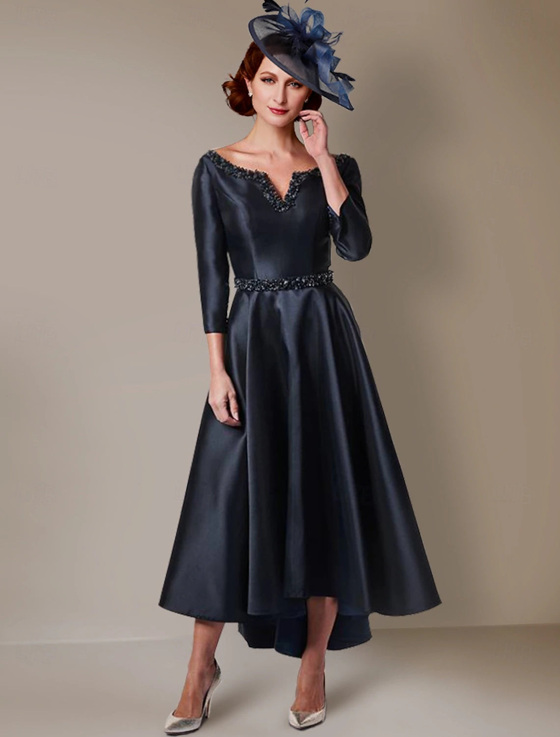 Buyishang A-Line Dress Mother of the Bride Dress Elegant High Low Jewel Neck Asymmetrical Tea Length Satin 3/4 Length Sleeve with Sash / Ribbon Pleats Solid Color free custom size