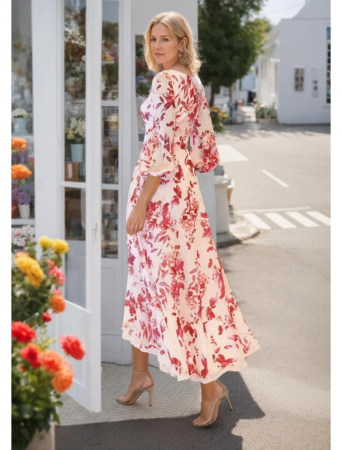 Buyishang A-Line Mother of the Bride Dress Elegant V Neck Asymmetrical Chiffon 3/4 Length Sleeve with Draping free custom size