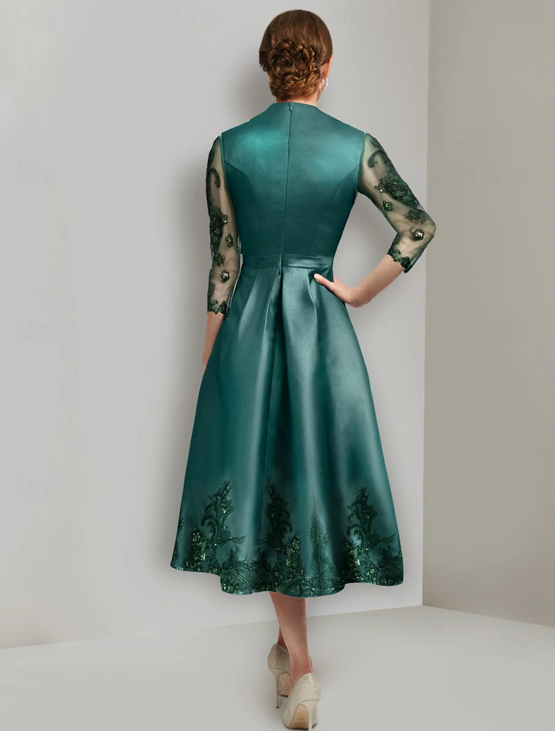 Buyishang A-Line Mother of the Bride Dress Elegant Vintage V Neck Tea Length Satin 3/4 Length Sleeve with Lace Solid Color free custom size