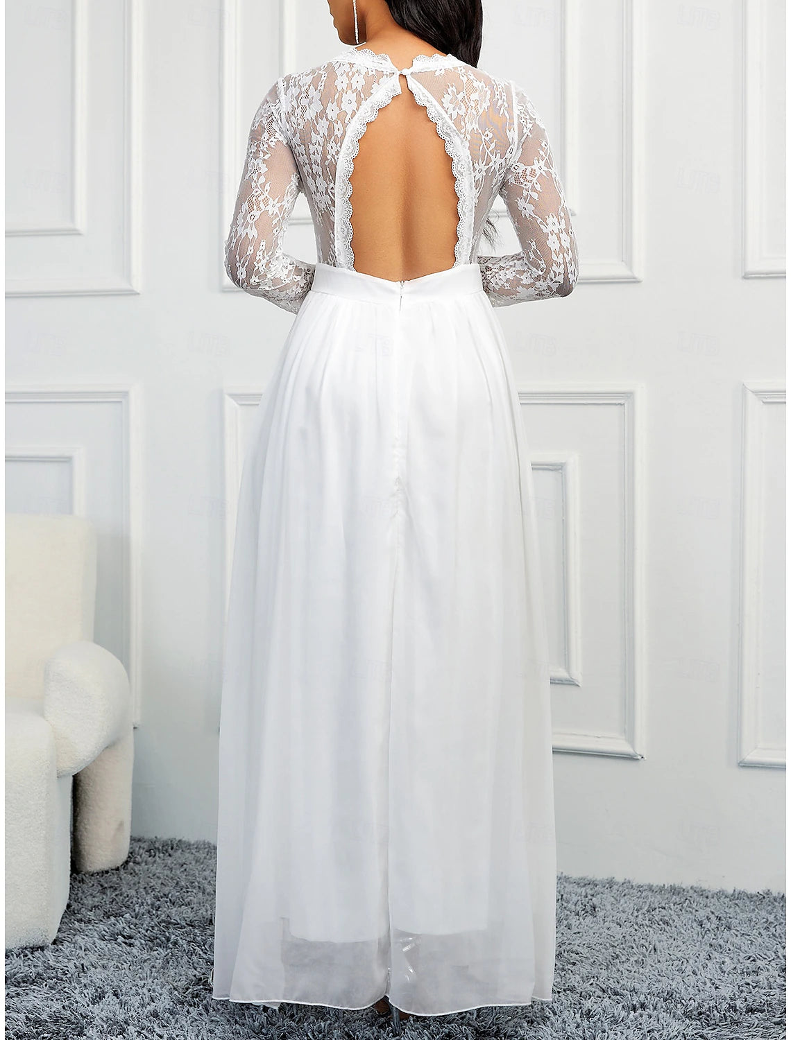 Buyishang Wedding Dresses A-Line V Neck Long Sleeve Floor Length Chiffon Bridal Gowns With Appliques