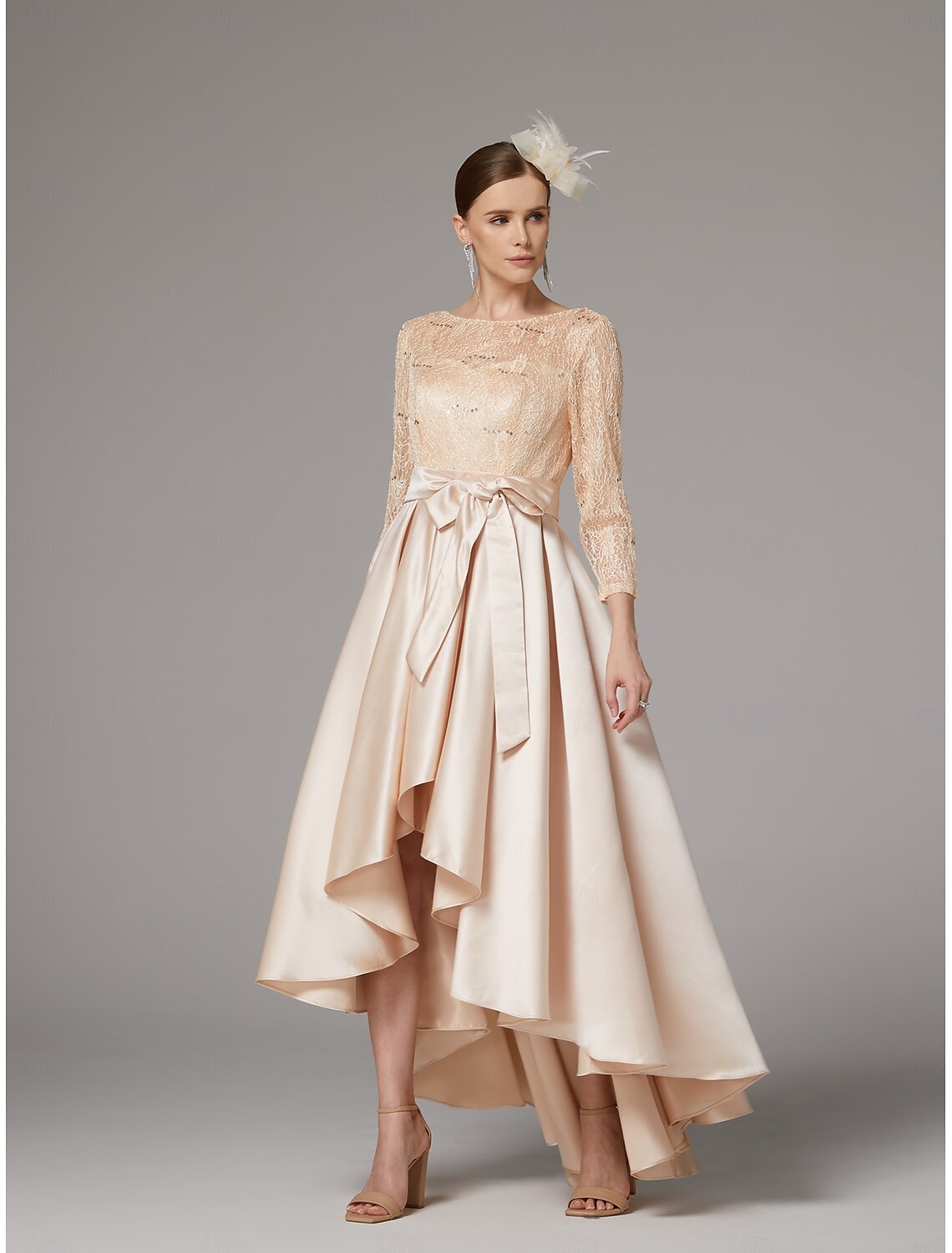 Buyishang A-Line Dress Mother of the Bride Dress Elegant Plus Size High Low Jewel Neck Asymmetrical Satin Lace 3/4 Length Sleeve with Sash / Ribbon Appliques