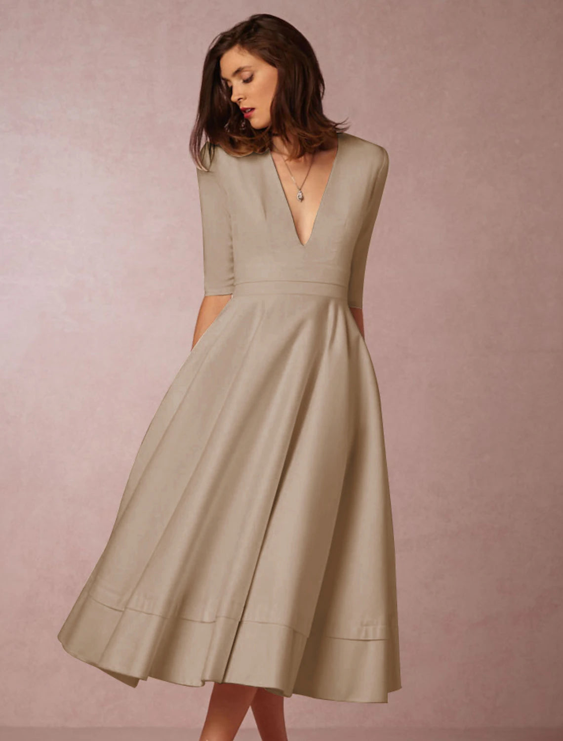 A-Line Special Occasion Dresses Party Dress Holiday Wedding Guest Tea Length Half Sleeve V Neck  Jersey with Pleats