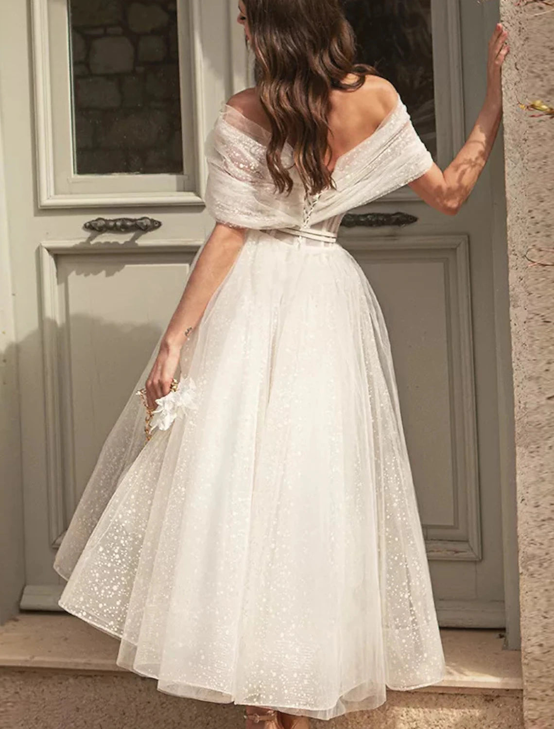 Buyishang A-Line Cocktail Dresses Elegant Dress Wedding Guest Graduation Tea Length Short Sleeve Off Shoulder Sequined with Sash / Ribbon Ruched Sequin