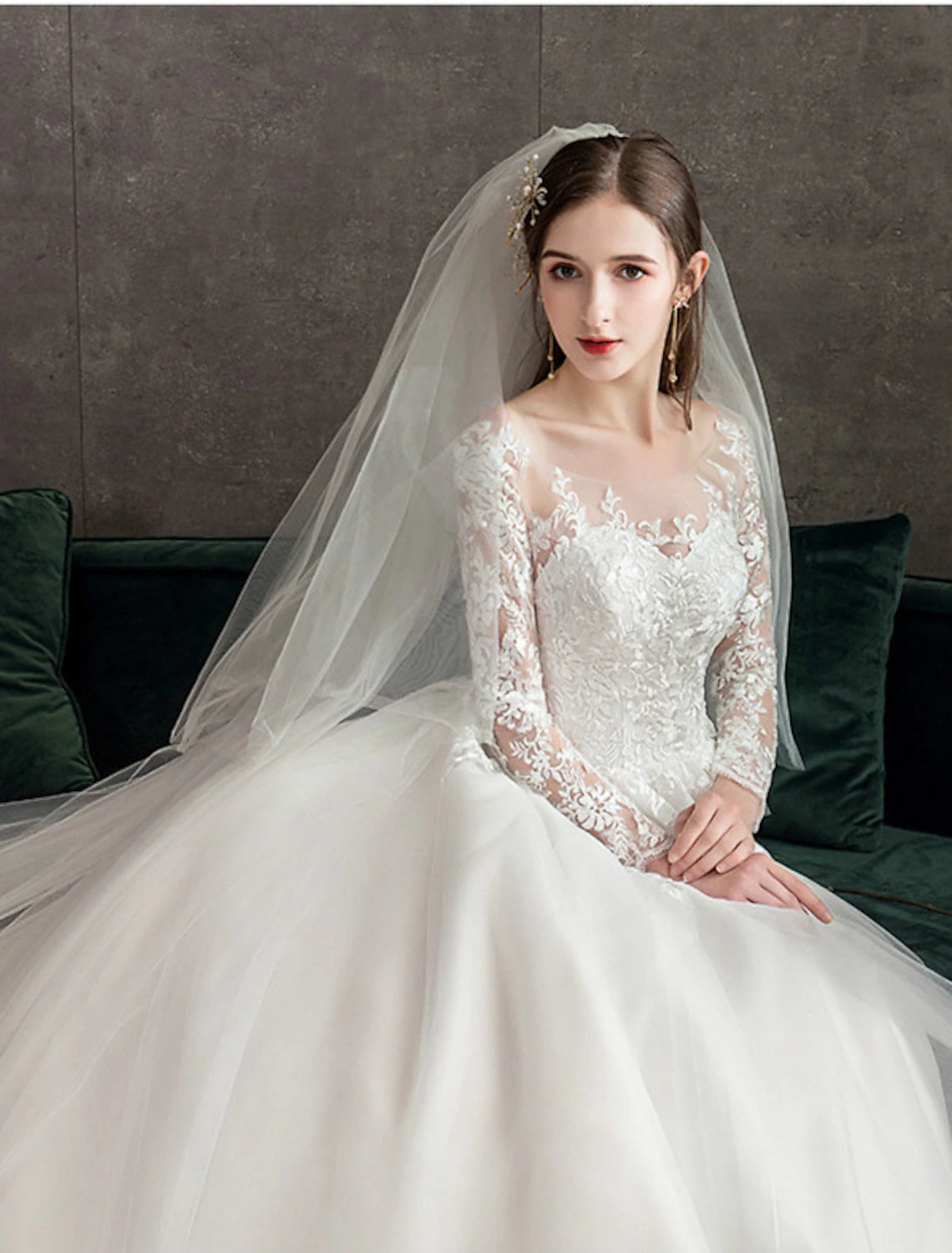 Buyishang Engagement Formal Wedding Dresses Ball Gown Illusion Neck Long Sleeve Cathedral Train Lace Bridal Gowns With Pleats Appliques Fall Wedding