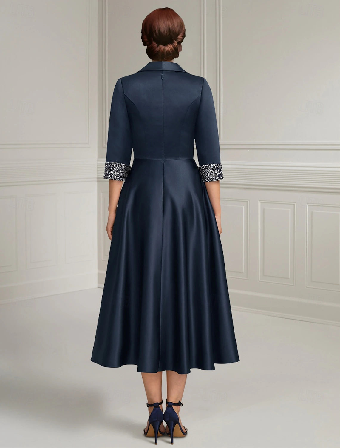 Buyishang Navy Blue A-Line Dress Mother of the Bride Dress Elegant Satin Simple Shirt Collar Tea Length 3/4 Length Sleeve with Sash / Ribbon Beading Solid Color