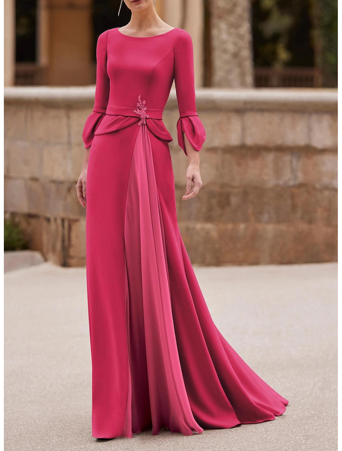 Buyishang Mermaid / Trumpet Mother of the Bride Dress Wedding Guest Elegant Jewel Neck Floor Length Chiffon Crepe 3/4 Length Sleeve with Crystal Brooch stretch dress free custom size