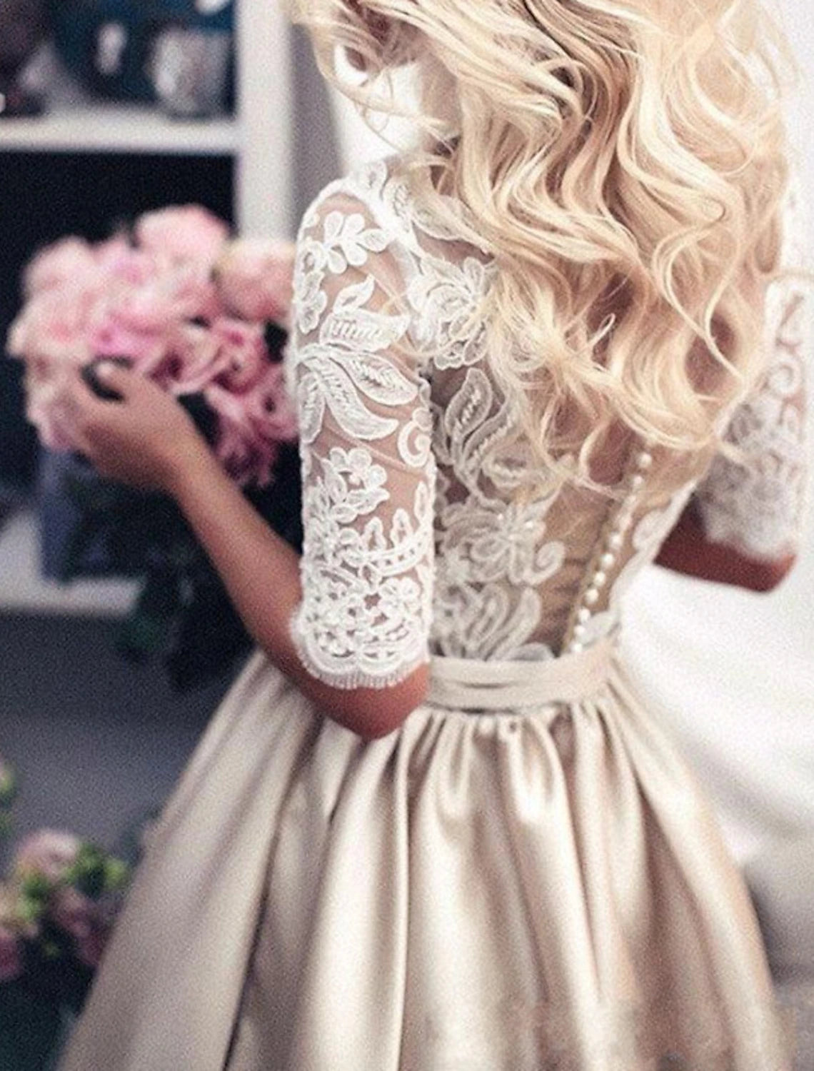 Buyishang Hall Formal Wedding Dresses A-Line Illusion Neck Half Sleeve Court Train Satin Bridal Gowns With Buttons Appliques