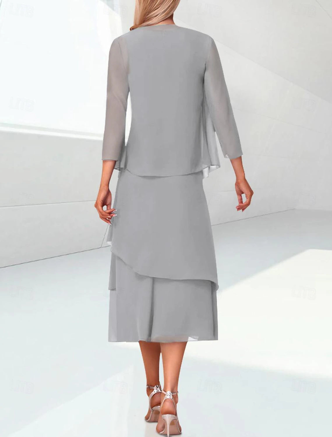 Buyishang Sheath / Column Mother of the Bride Dress Elegant Jewel Neck Tea Length Chiffon 3/4 Length Sleeve Wrap Included with Ruching free custom size