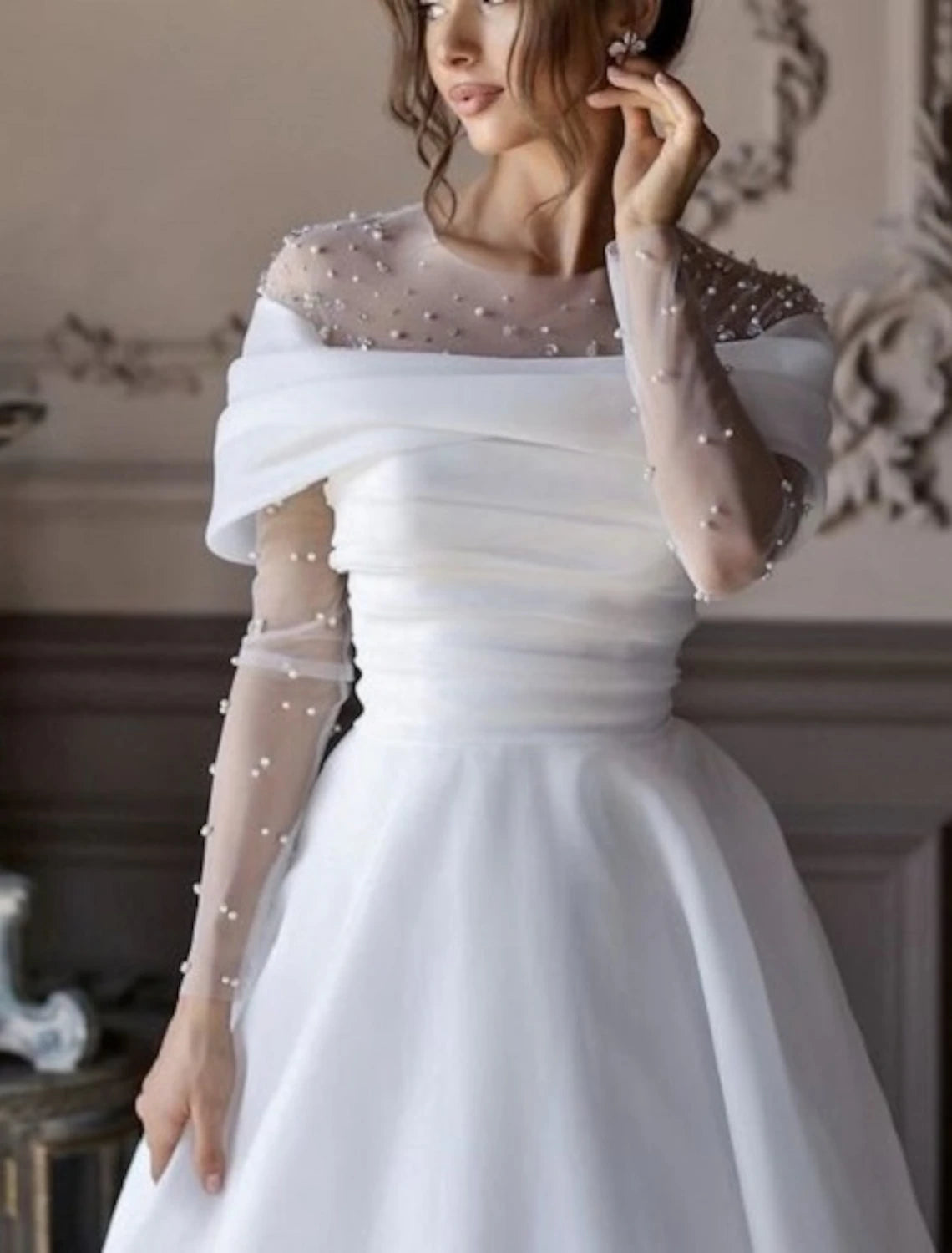 Buyishang Beach Simple Wedding Dresses Formal Wedding Dresses A-Line Illusion Neck Long Sleeve Floor Length Tulle Bridal Gowns With Ruched Beading