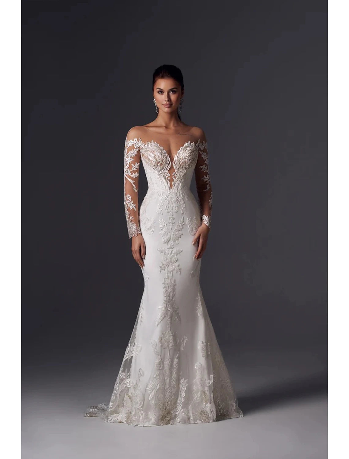 Buyishang Engagement Formal Wedding Dresses Mermaid Off Shoulder Long Sleeve Court Train Satin Bridal Gowns With Appliques Solid Color