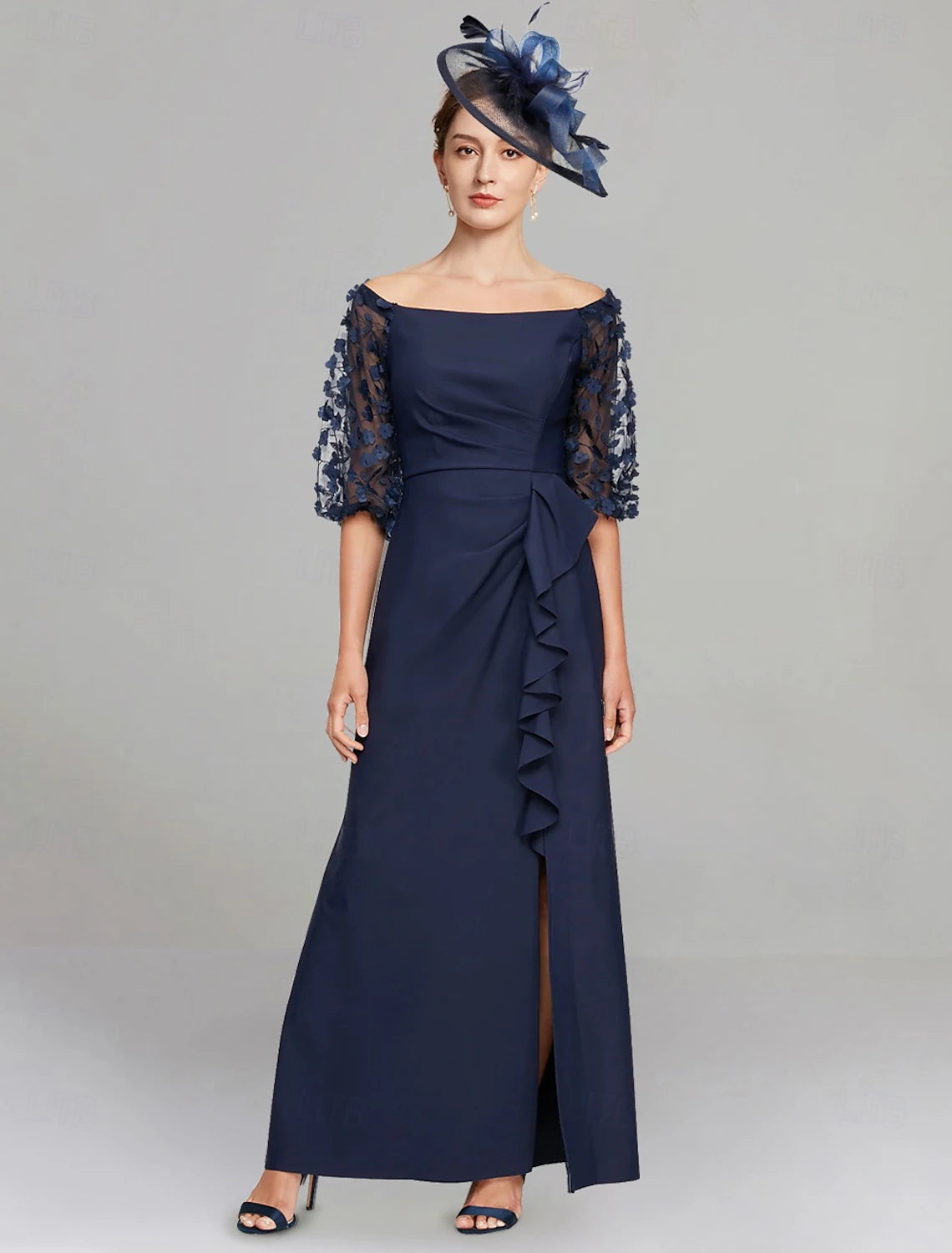 Buyishang A-Line Dress Mother of the Bride Dress Elegant Off Shoulder Floor Length Stretch Fabric Half Sleeve with Lace Solid Color free custom size