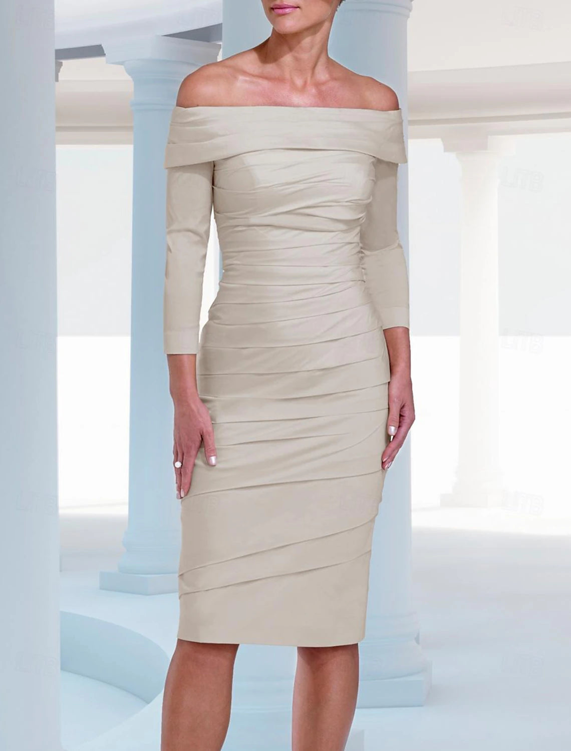 Buyishang Sheath / Column Mother of the Bride Dress Elegant Off Shoulder Knee Length Satin 3/4 Length Sleeve with Ruching free custom size