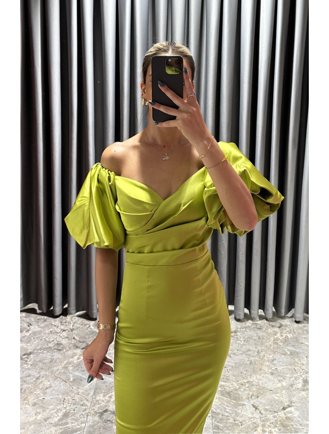 Sheath / Column Cocktail Dresses Party Dress Formal Fall Tea Length Short Sleeve Off Shoulder Satin with Ruched Slit