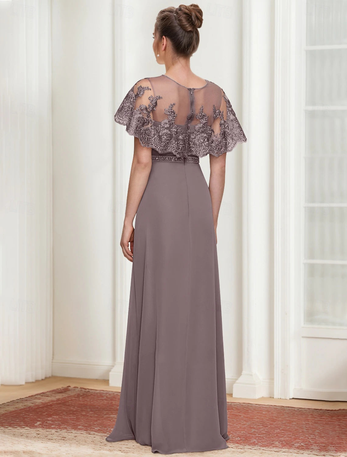 Buyishang A-Line Dress Mother of the Bride Dress Elegant Simple Jewel Neck Floor Length Chiffon Short Sleeve with Lace Tier Solid Color