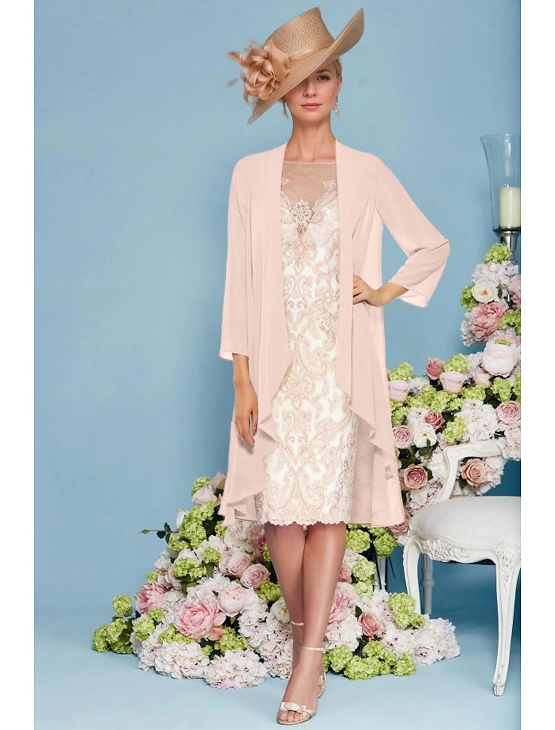 Buyishang Two Piece Sheath Mother of the Bride Dress Elegant Jewel Neck Knee Length Chiffon Lace 3/4 Length Sleeve Wrap Included Jacket Dresses with Beading Appliques free custom size