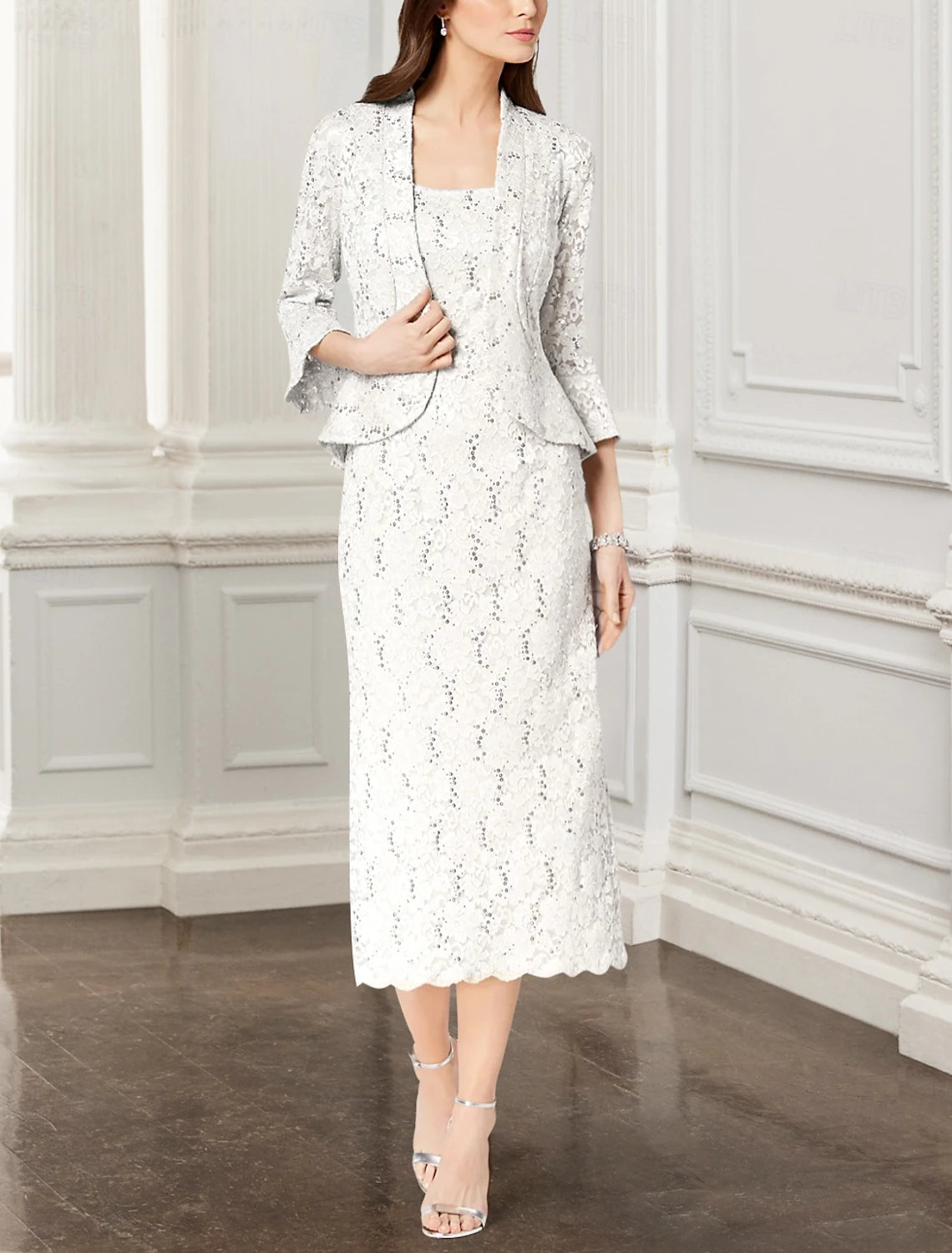 Buyishang Two Piece Sheath Mother of the Bride Dress Elegant Jewel Neck Tea Length Lace 3/4 Length Sleeve Jacket Dresses with Lace