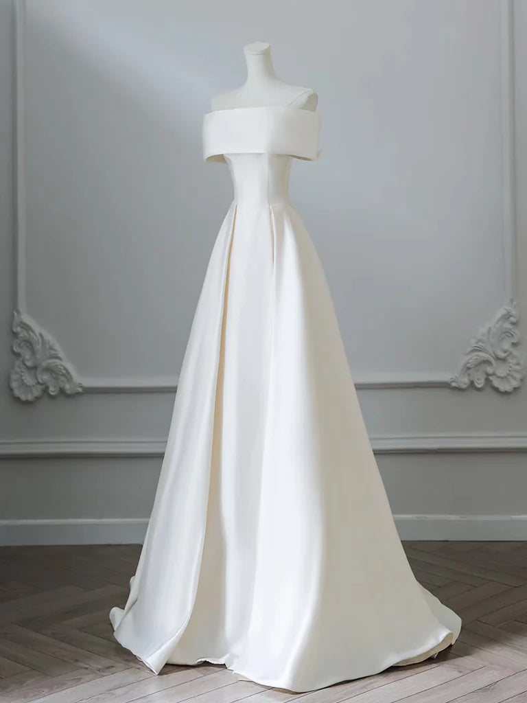 Buyishang A-Line Off Shoulder Satin ivory Long Prom Dress ivory Long Formal Dress