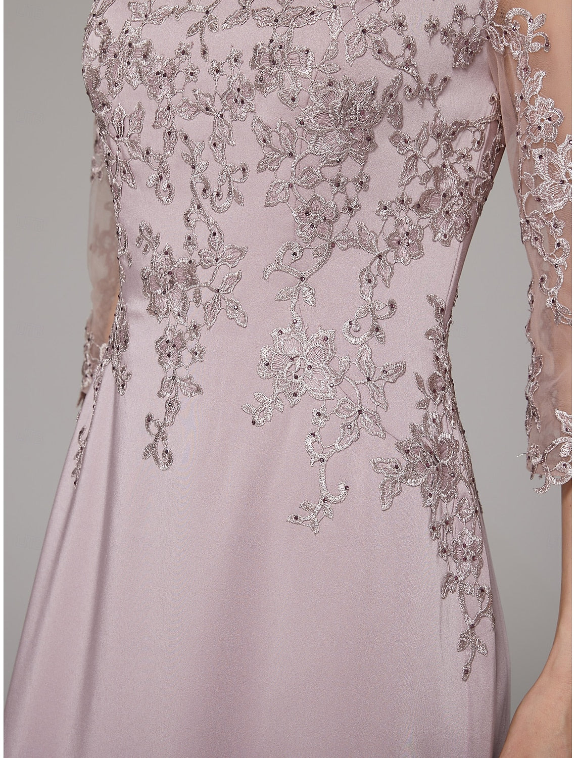 Buyishang Sheath Dress Mother of the Bride Dress Elegant Bateau Neck Floor Length Satin 3/4 Length Sleeve with Lace Appliques