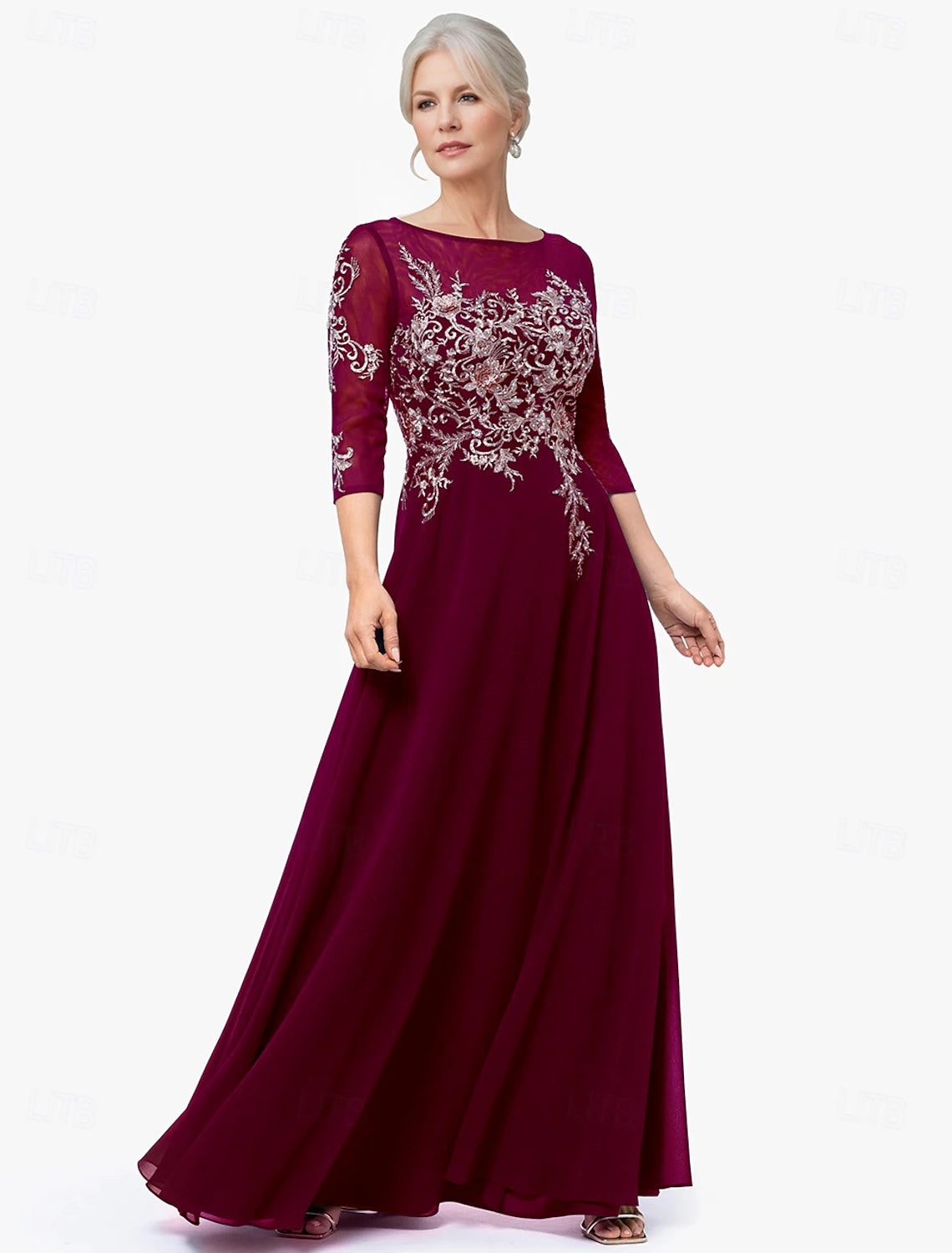 Buyishang A-Line Dress Mother of the Bride Dress Elegant Jewel Neck Floor Length Chiffon Half Sleeve with Appliques Color Block free custom size