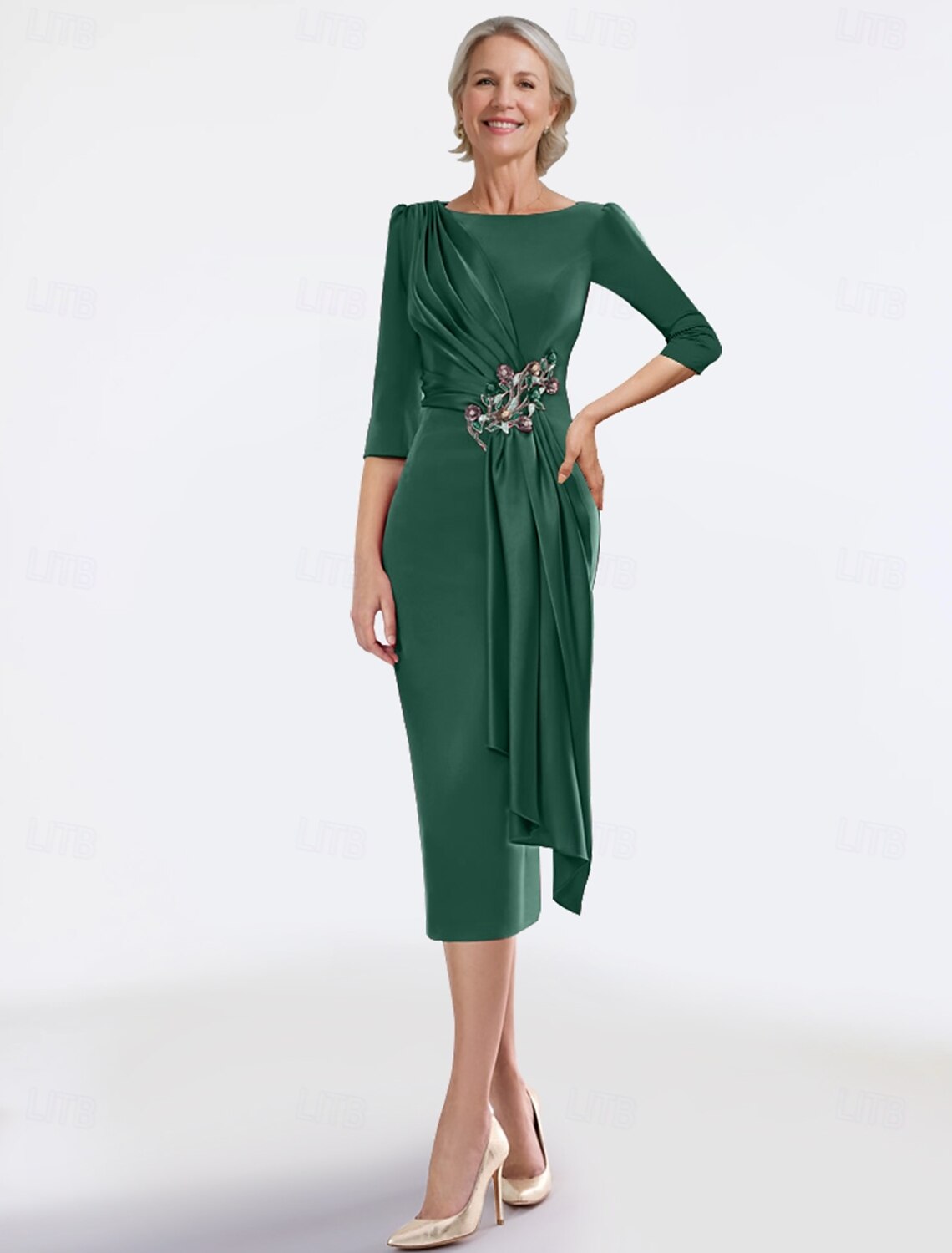 Buyishang Sheath / Column Dress Mother of the Bride Dress Elegant Jewel Neck Tea Length Satin Half Sleeve with Pleats Solid Color free custom size