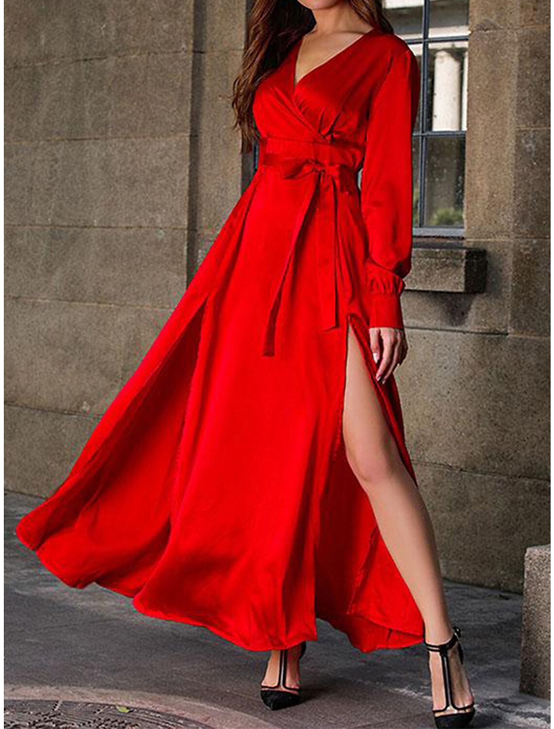 Women's Prom Dress Red Christmas Party Dress Lace Dress New Year's Eve Dress Wedding Guest Dress Long Dress Maxi Dress Yellow Light Green Red Long Sleeve Lace up