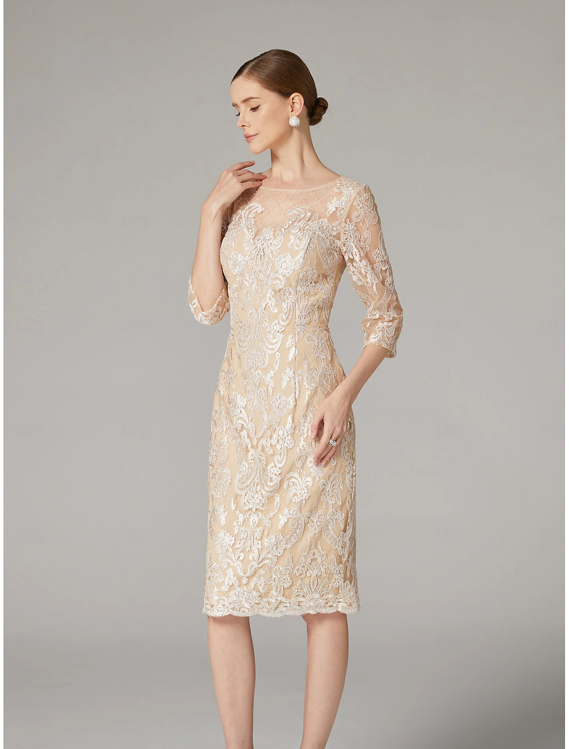 Buyishang Two Piece Sheath Dress Suit Mother of the Bride Dress Elegant Jewel Neck Knee Length Chiffon Lace 3/4 Length Sleeve Wrap Included Jacket Dresses with Beading Appliques