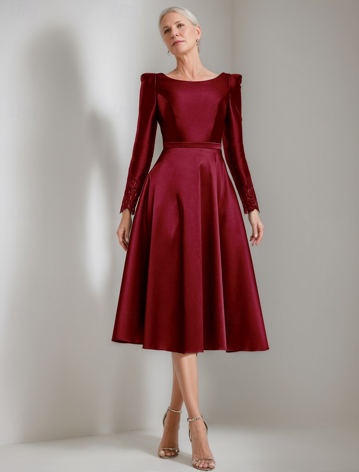 Buyishang A-Line Mother of the Bride Dress Elegant Simple Jewel Neck Tea Length Stretch Satin Long Sleeve with Lace Pleats free custom size