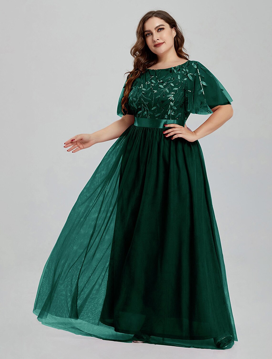 A-Line Prom Dresses Floral Dress Wedding Guest Party Wear Floor Length Short Sleeve Jewel Neck Bridesmaid Dress Tulle with Embroidery Splicing