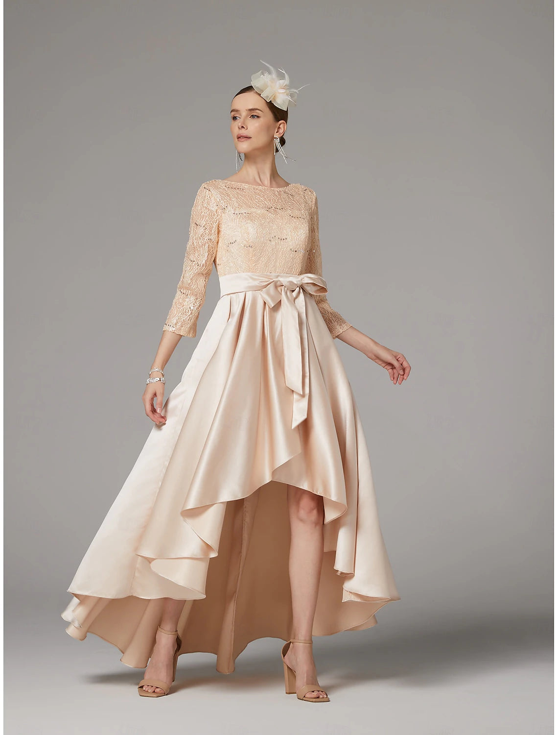 Buyishang A-Line Dress Mother of the Bride Dress Elegant Plus Size High Low Jewel Neck Asymmetrical Satin Lace 3/4 Length Sleeve with Sash / Ribbon Appliques