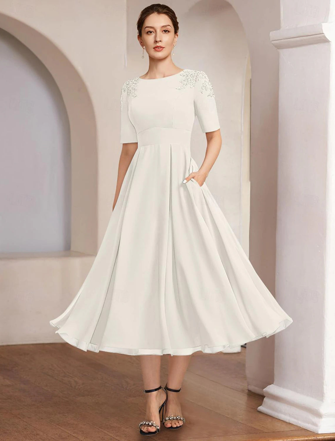 Buyishang A-Line Mother of the Bride Dress Formal Elegant Bateau Neck Tea Length Chiffon Half Sleeve with Lace free custom size