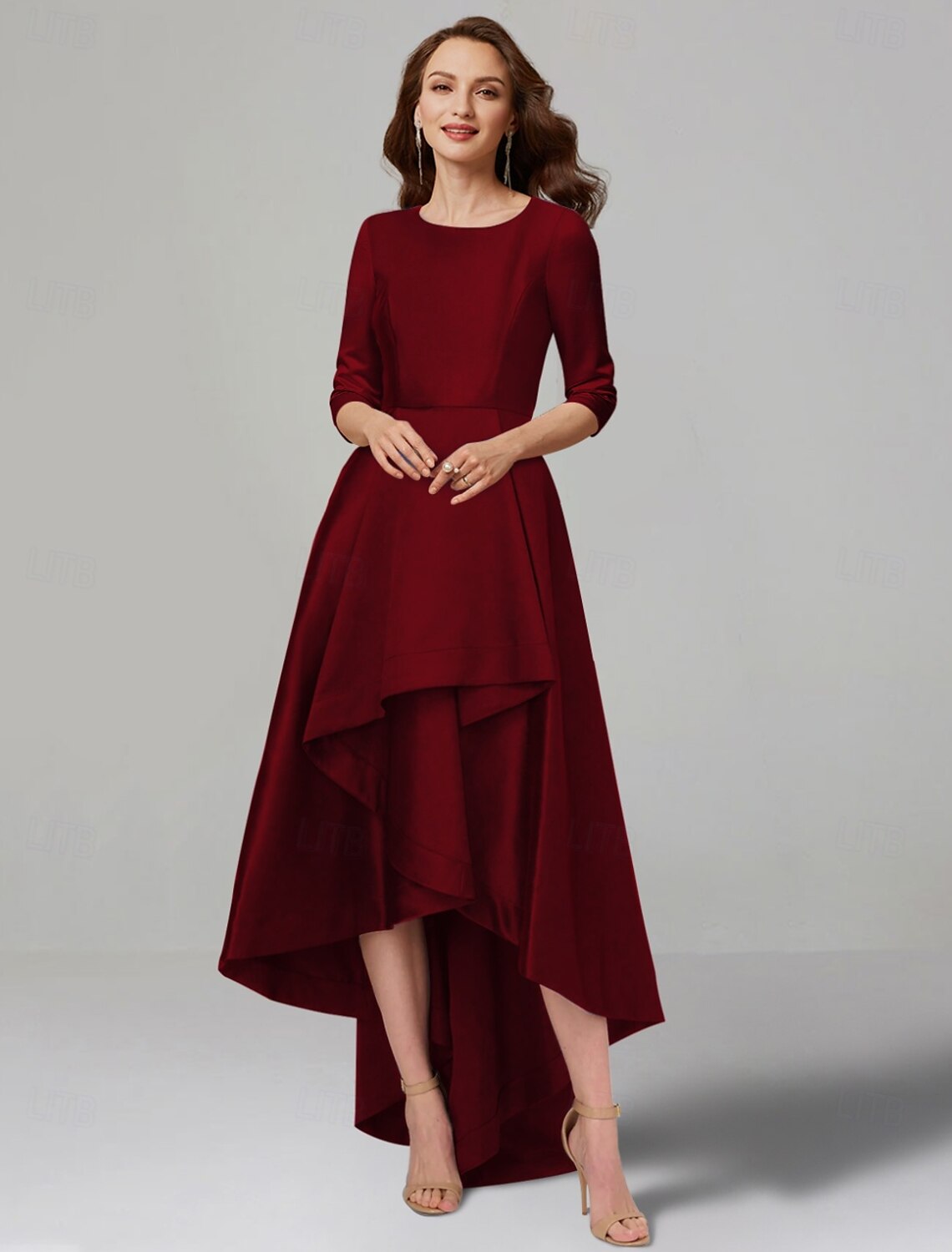 Buyishang A-Line Dress Mother of the Bride Dress Elegant V Neck Tea Length Satin 3/4 Length Sleeve with Pleats Solid Color free custom size