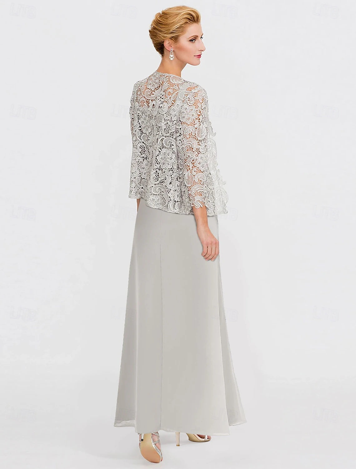 Buyishang A-Line Dress Suit Mother of the Bride Dress Elegant Straight Neckline Ankle Length Chiffon Lace 3/4 Length Sleeve with Lace Side-Draped Solid Color