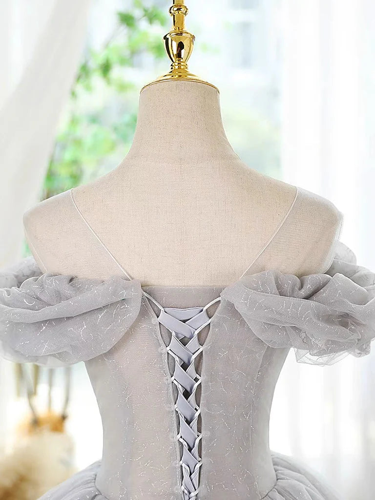 Buyishang A-Line Scoop Neckline Off Shoulder Tulle Gray Short Prom Dress with Lace Beads