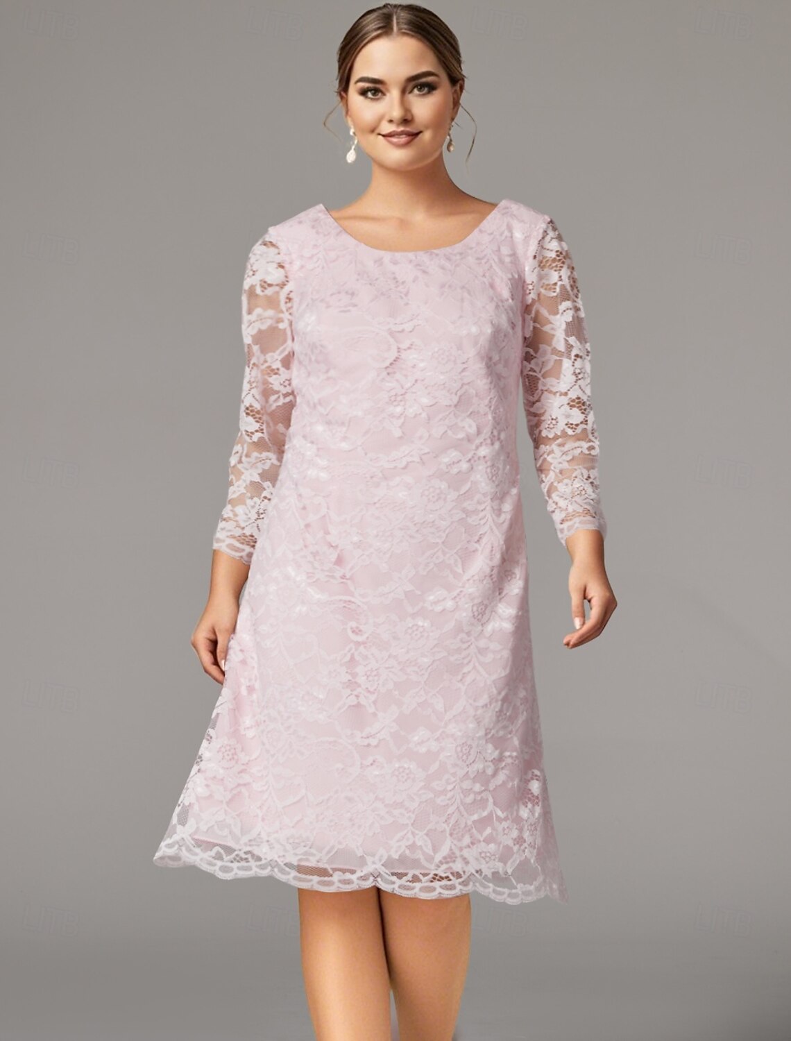 Buyishang Two Piece A-Line Plus Size Curve Mother of the Bride Dress Elegant Plus Size Jewel Neck Tea Length Chiffon Lace Short Sleeve Jacket Dresses with Solid Color