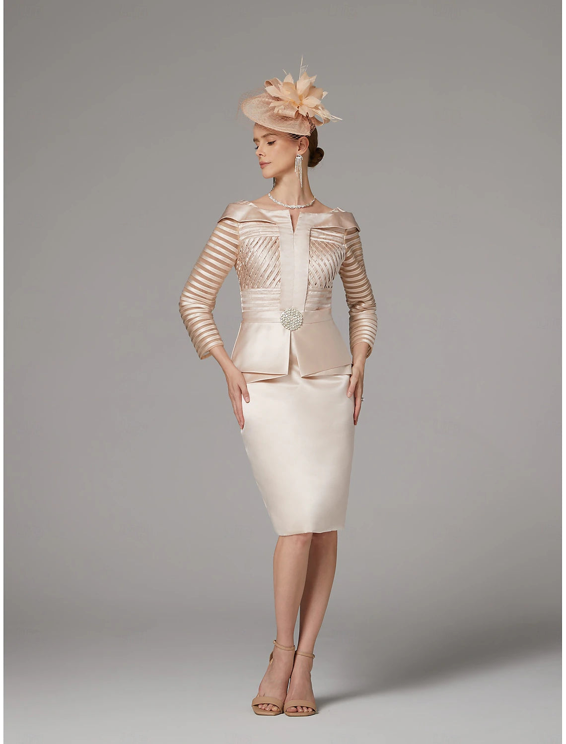 Buyishang Sheath Dress Suit Mother of the Bride Dress Elegant Vintage Plus Size Bateau Neck Knee Length Satin 3/4 Length Sleeve with Sash / Ribbon Crystals